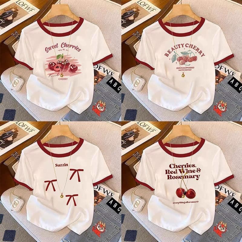 เสื้อยืดสําหรับสาวอวบ ลายน่ารัก แขนสั้น คอกลม รูปแบบหลากหลายความหลากหลายของรูปแบบเสื้อตรุษจีนผู้หญิงเสื้อยืดสว…