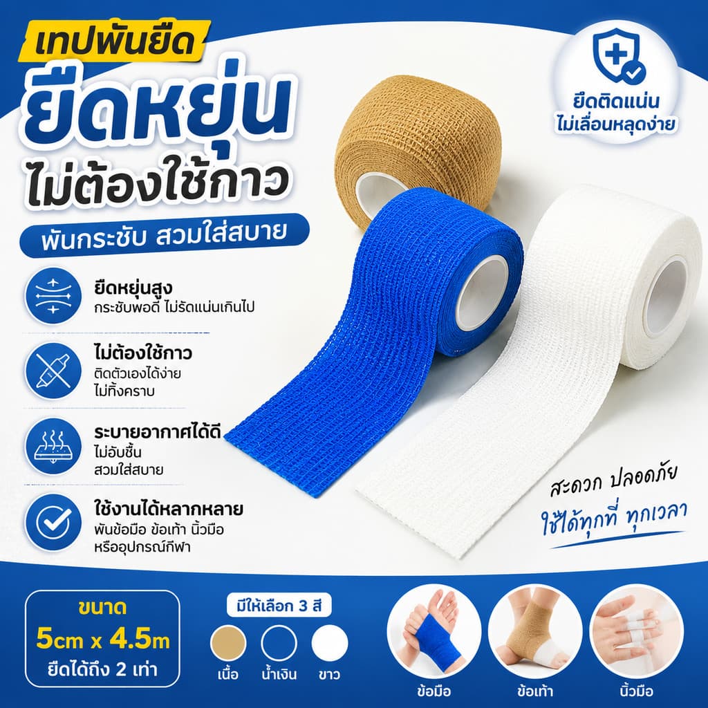 5cm*4.5m/5cmX2.5m เทปบําบัด ขนาด เทปพันแผลแบบยืดหยุ่น ผ้าล็อคเหนียว ผ้าล็อค ผ้าพันแผลเทปกล้ามเนื้อ ผ้าล็อคสี…