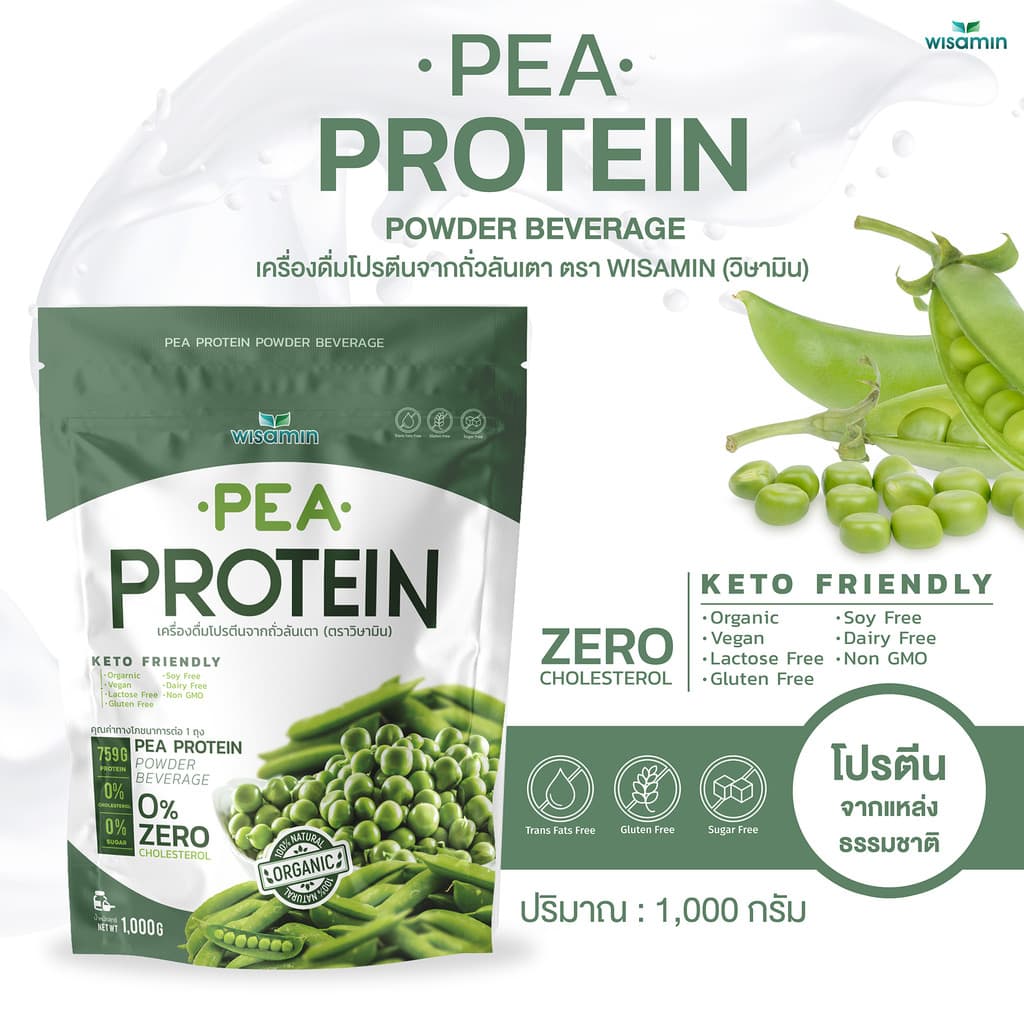 เครื่องดื่มโปรตีนจากถั่วลันเตา 100% Pea protein isolate พีโปรตีน ไอโซเลท (ตราวิษามิน) ปลอด GMO จํานวน 1 ถุง…