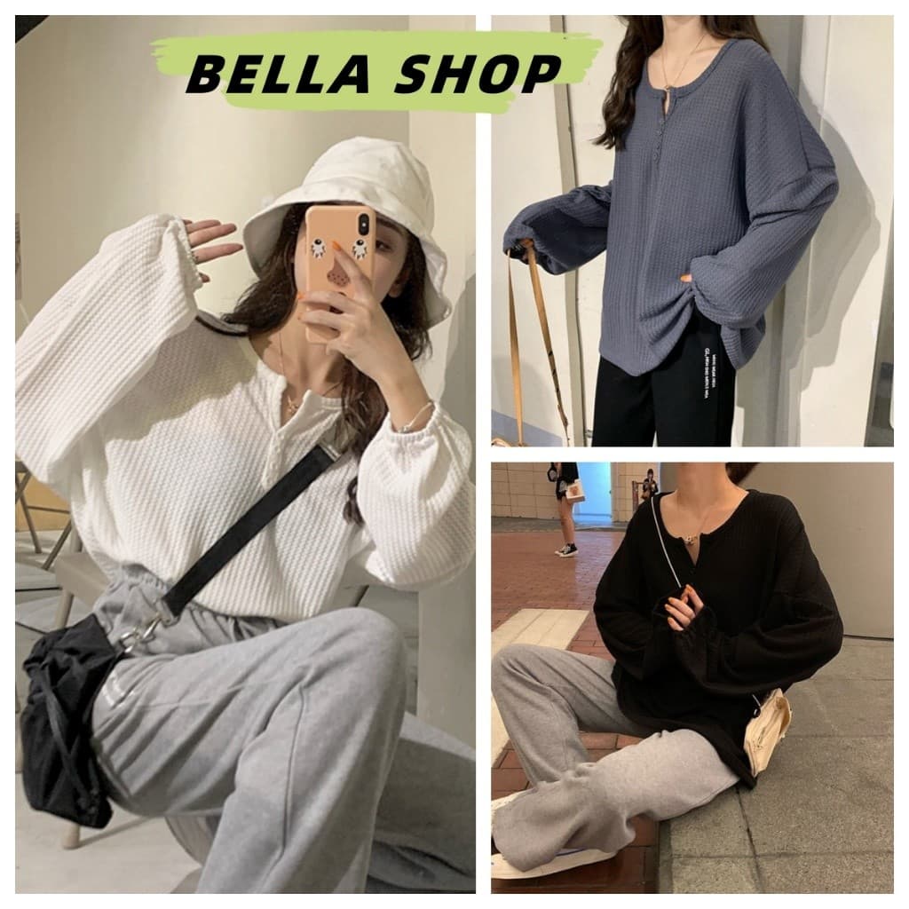 Bella Shop เสื้อยืดแขนยาวทรงหลวมลําลองสําหรับผู้หญิง สไตล์เกาหลีเรียบง่าย ด้วยปุ่ม