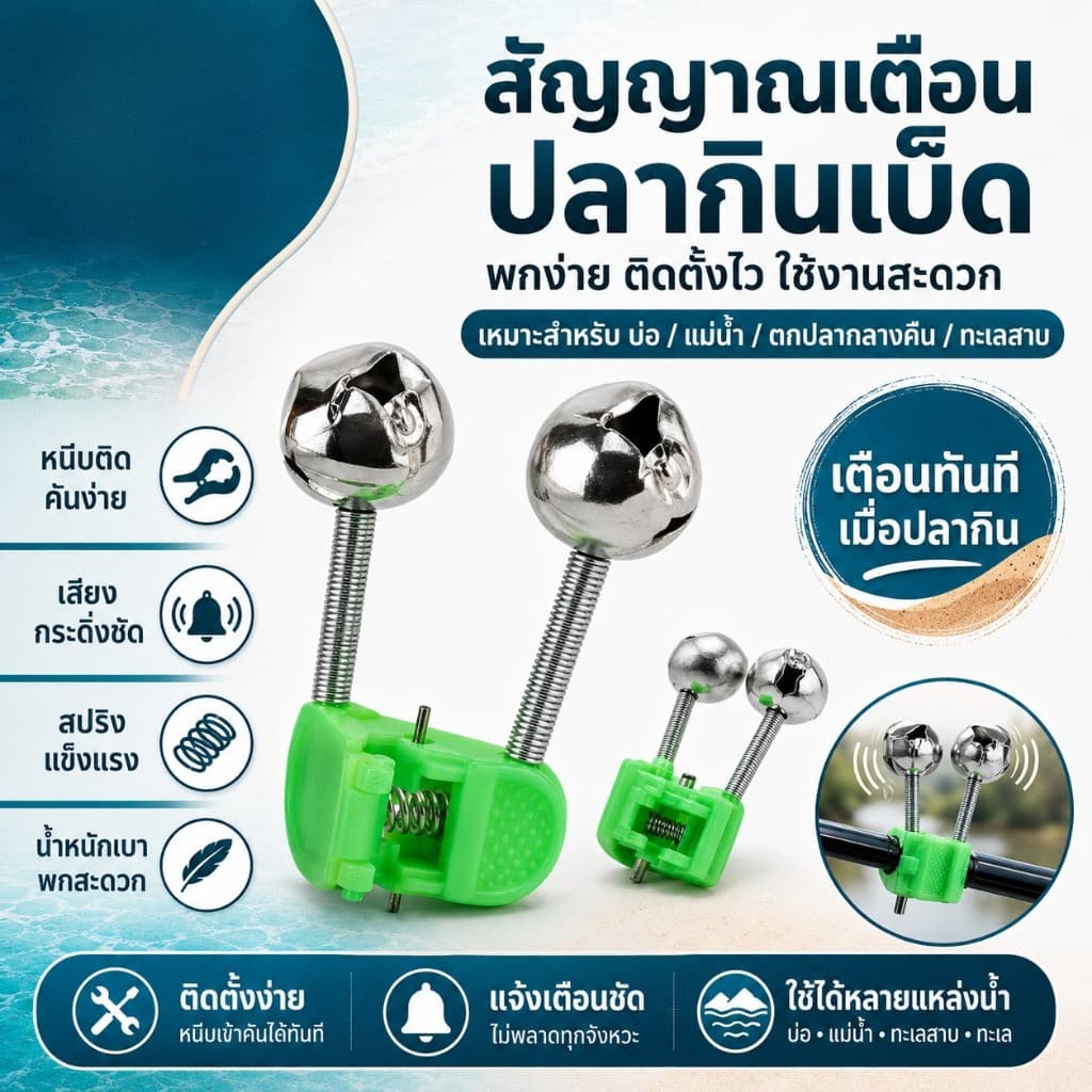 กระดิ่งตกปลา กระดิ่งปลายคันเบ็ด 10ชิ้ กระดิ่งส่งสัญญาณปลากินเบ็ด 3D สีเขียว…