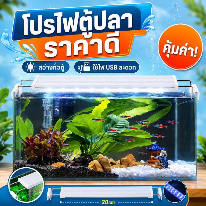 โคมไฟตู้ปลาLEDรุ่น40-60CM ปรับแสงไฟได้3แบบ/หลายสีLEDกันน้ําและละอองน้ําได้ขนาด8-24นิ้ว ประหยัดไฟ