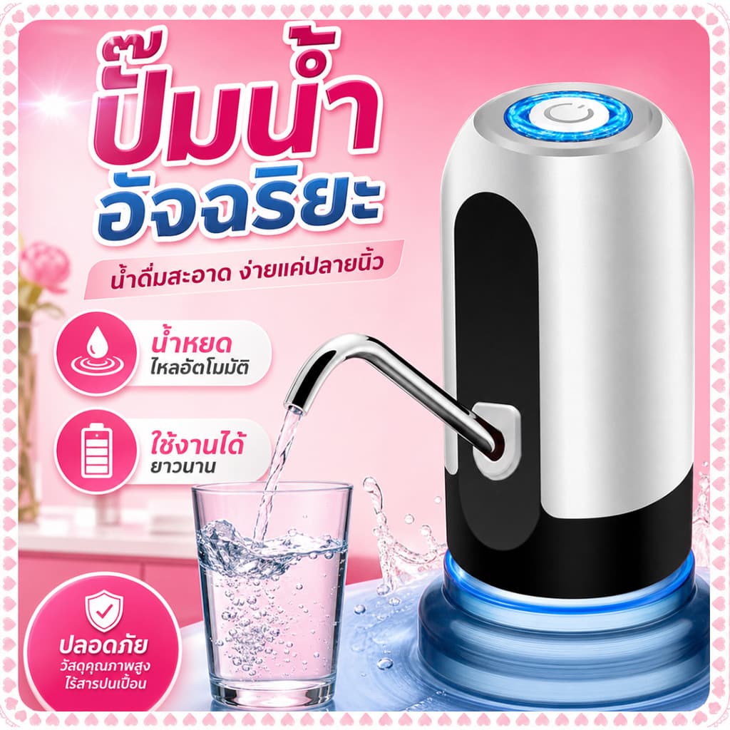 ปั๊มน้ําอัตโนมัติ แบตเตอรี่ในตัว 1200mAh ชาร์จผ่าน USB ติดตั้งและใช้งานง่าย เครื่องจ่ายน้ําดื่มอัตโนมัติ