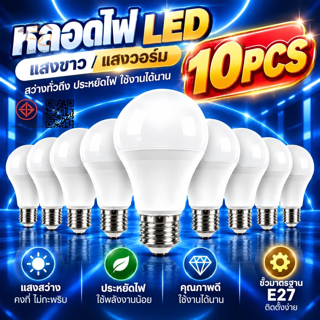 แพ็ค 6/10 ชิ้น ยิ่งคุ้ม หลอดไฟLED แสงไฟสีขาว ทรงกลมขั้ว E27 AC 220V~50Hz 24W 18W 15W 12W 9W 7W 5W 3W