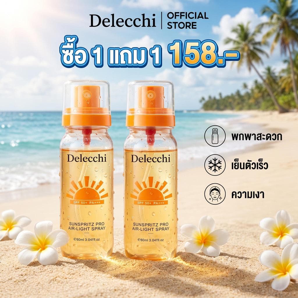 สเปรย์กันแดด Delecchi Sunscreen SPF50+ PA+++ 90ml สําหรับผิวหน้า / ผิวกาย เนื้อบางเบา กันน้ํา