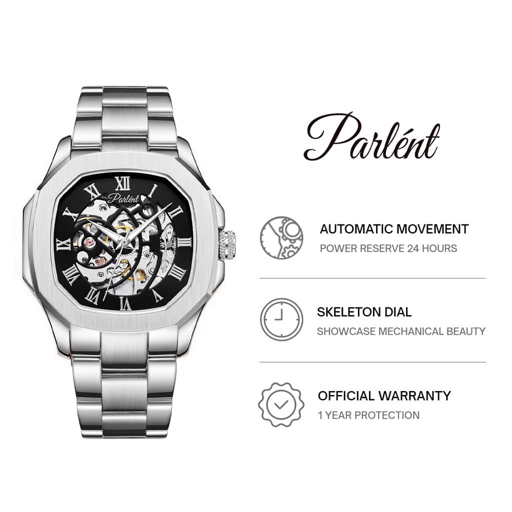 Parlent Gallant Vortex Steel – นาฬิกาข้อมือผู้ชาย 42 มม, กลไกอัตโนมัติ, กันน้ํา 5ATM (50 เมตร), สเตนเลสสตีล