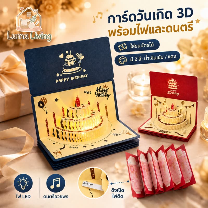 LumaLiving กล่องของขวัญวันเกิด แบบดึงเงินสด DIY ดึงเงินสดได้ พร้อมเสียงเพลงและไฟวอร์ม ดีไซน์ชมพูทอง…