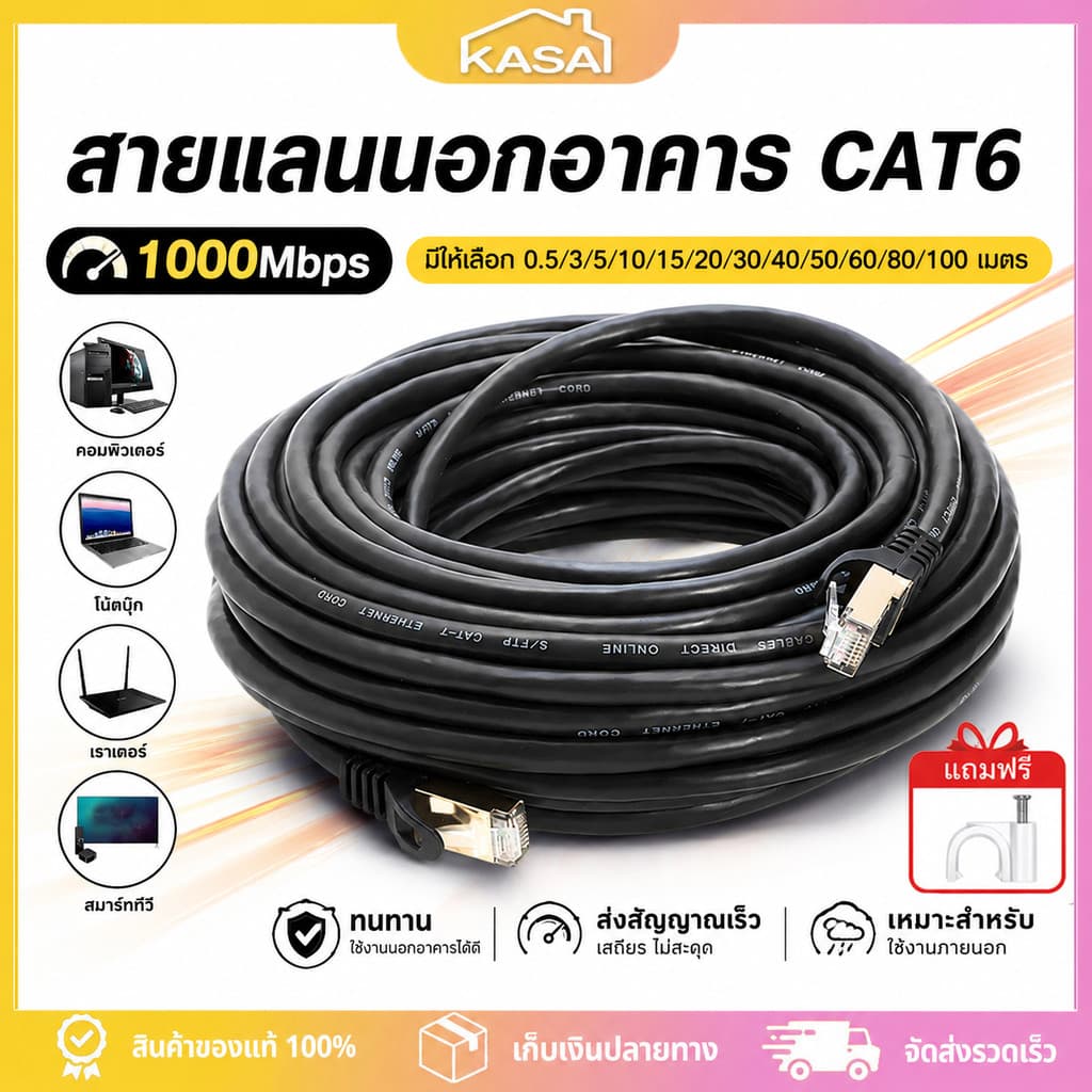 สายแลน CAT6 LAN RJ45 UTP 1000Mbps กลางแจ้ง กันน้ํา ความเร็วสูง สายเคเบิลเครือข่าย สําหรับคอมพิวเตอร์ แล็ปท็อป…