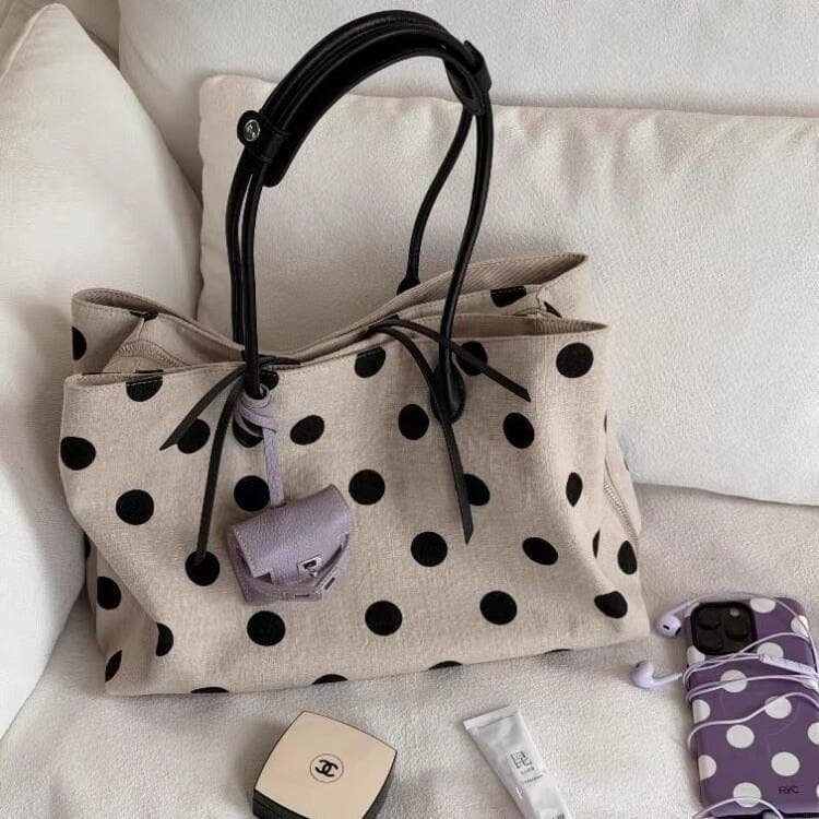 Puffie พร้อมส่ง กระเป๋าถือผ้าลินินลายจุดผู้หญิง ใบใหญ่ จุของเยอะ สะพายไหล่ได้