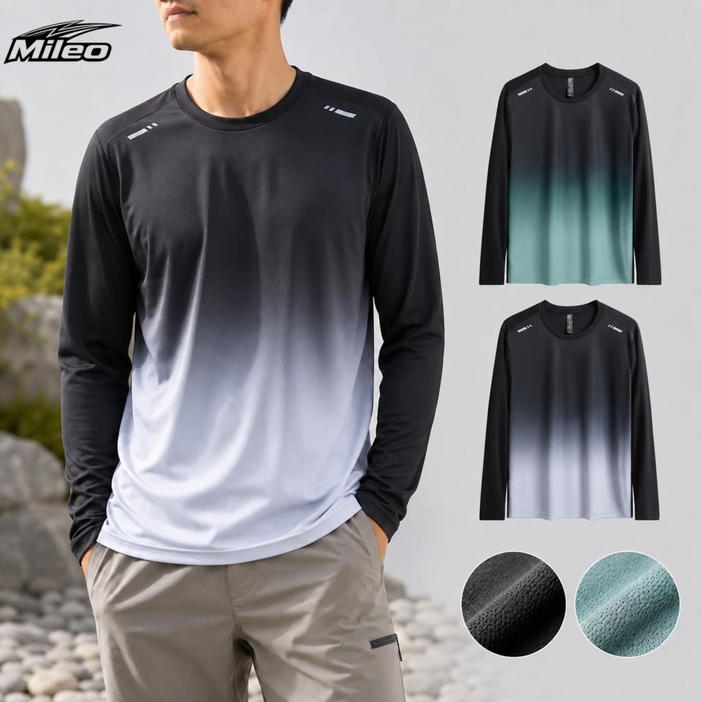 เสื้อยืดแขนยาวแห้งเร็วสําหรับผู้ชายพร้อม Ombre สีไล่ระดับสีความชื้นชุดกีฬาไมโครตาข่ายน้ําหนักเบาสะท้อนแสงวิ่งด…