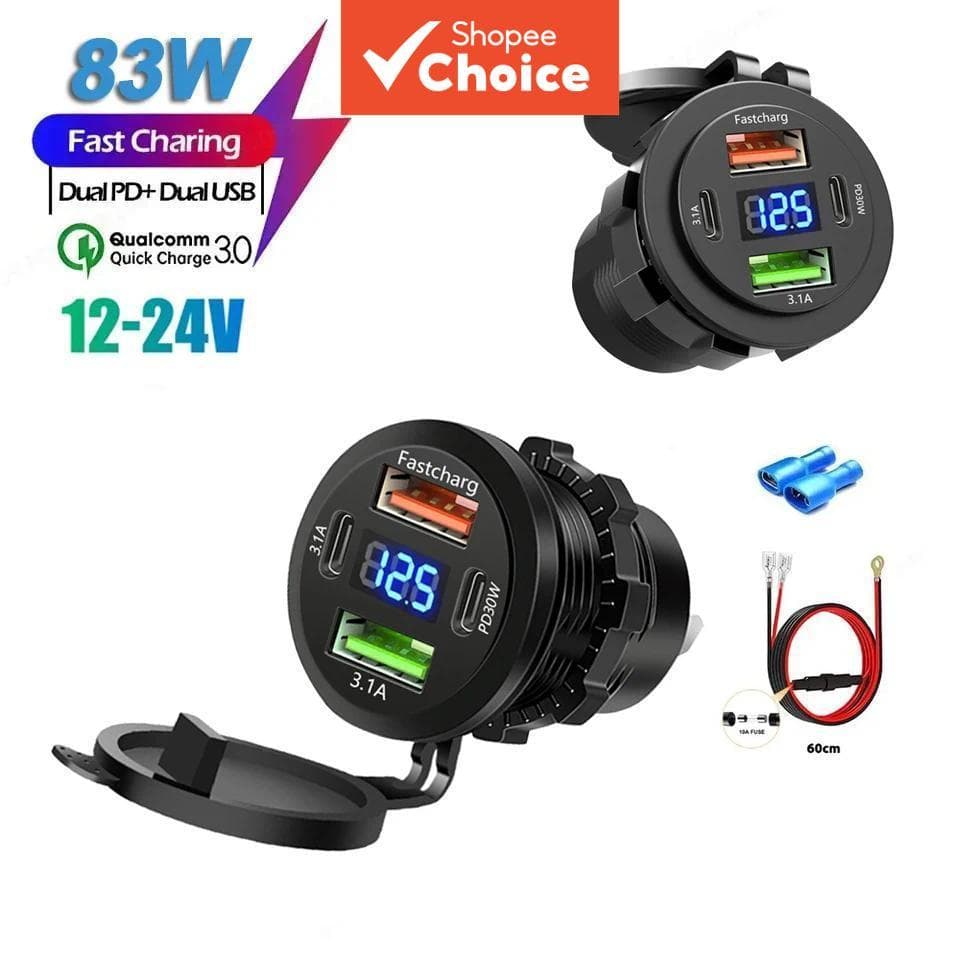 12v 24v 4 พอร์ต Car Charger Dual USB Type C Fast Charging กันน้ําโวลต์มิเตอร์ Power Outlet…