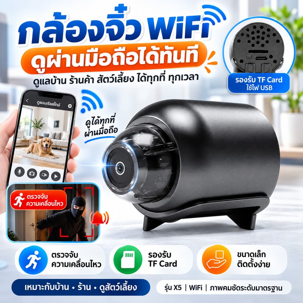 กล้องวงจรปิด WiFi X5 กล้องจิ๋วขนาดเล็ก ดูผ่านมือถือ ตรวจจับการเคลื่อนไหว รองรับ TF Card ใช้ไฟ USB…