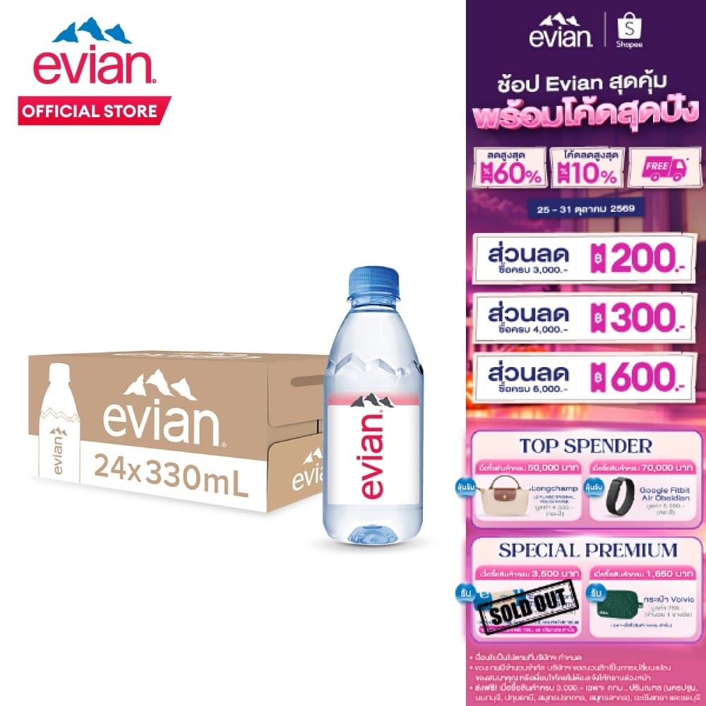 Evian Natural Mineral Water เอเวียง น้ําแร่ธรรมชาติ ขวดพลาสติก 330 มล. แพ็ค 24 ขวด