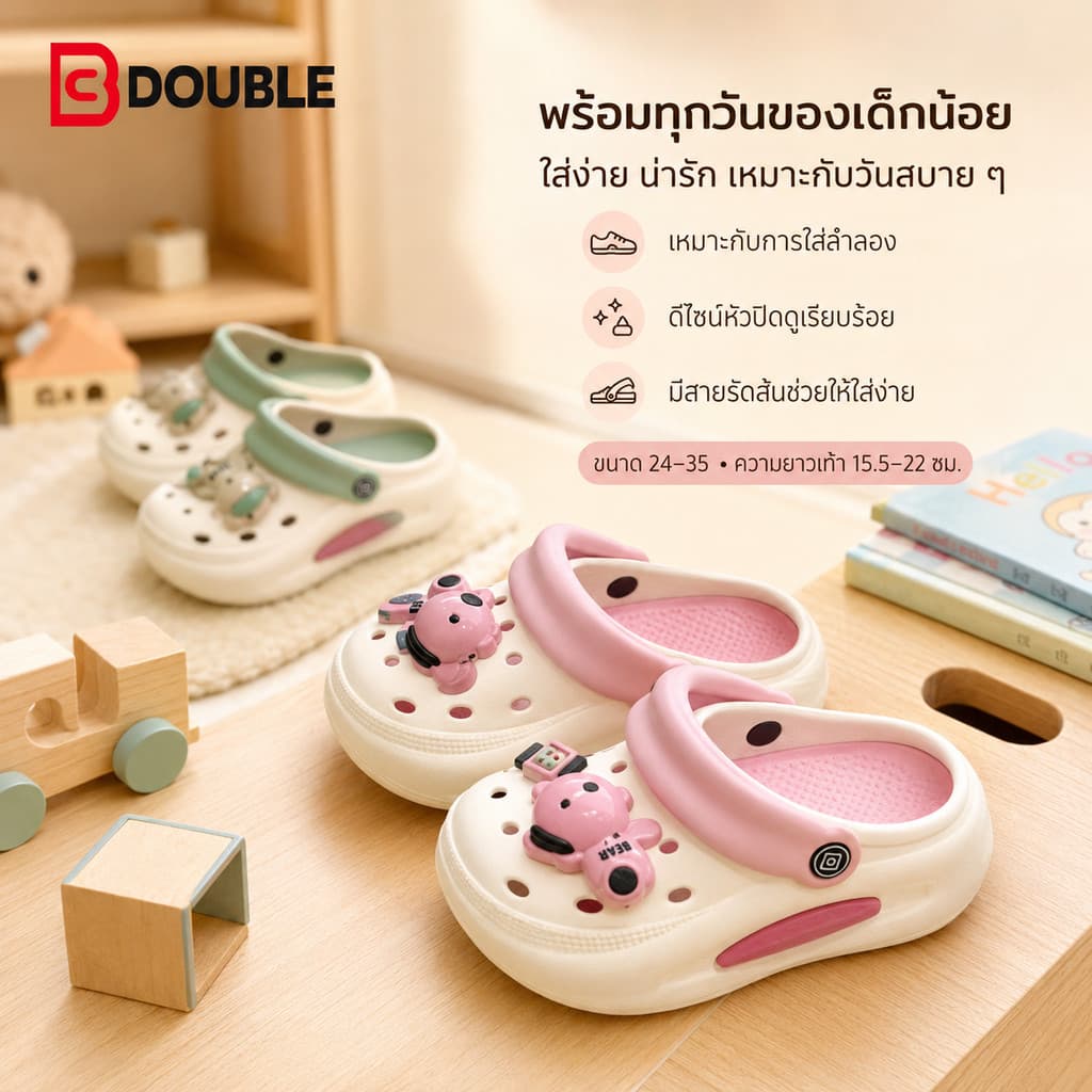 BB Double รองเท้าหัวปิดเด็กดีไซน์น่ารัก ลายการ์ตูน 3D มีสายรัดส้นและดีไซน์เจาะรู ไซซ์ 24-35…