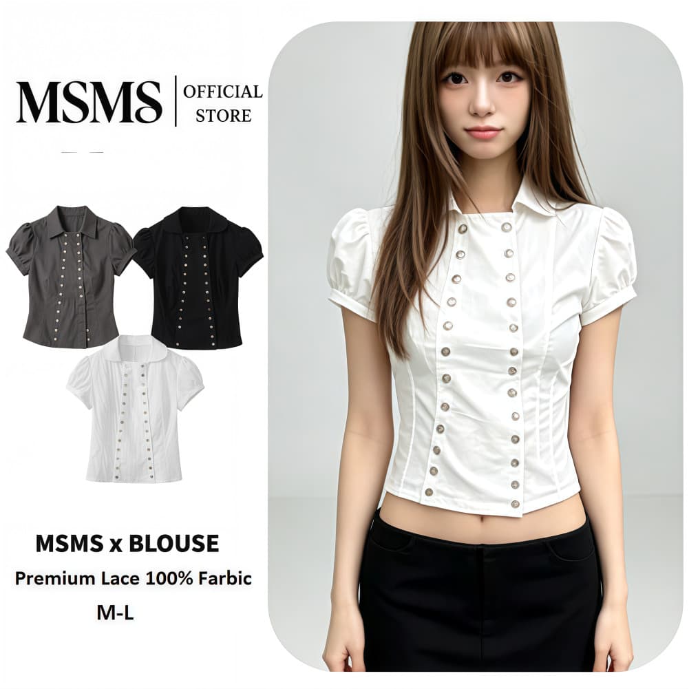 Shell Button Blouse เสื้อเชิ้ตแขนฟู กระดุมหอย ทรงรัดเอว สไตล์สาวแซ่บย้อนยุค