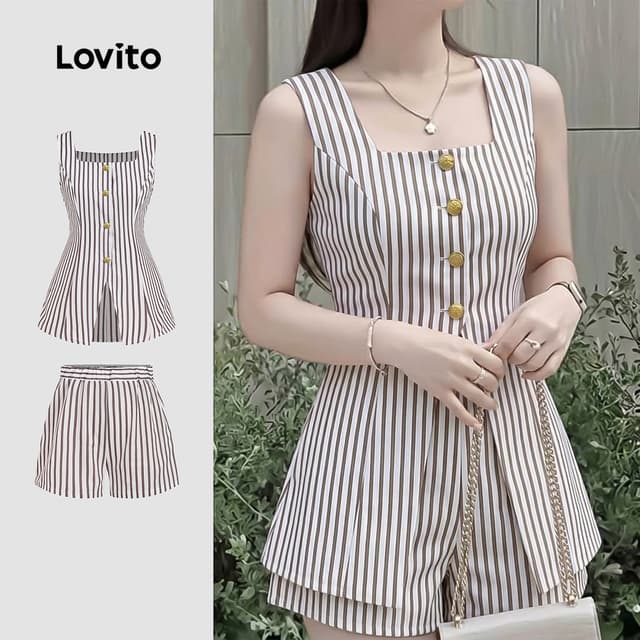 Lovito เสื้อลําลองหรือกางเกงติดกระดุม สีน้ําตาล ท็อปหรือกางเกงสําหรับผู้หญิง ฤดูใบไม้ผลิ/ฤดูร้อน SHB198P1D239
