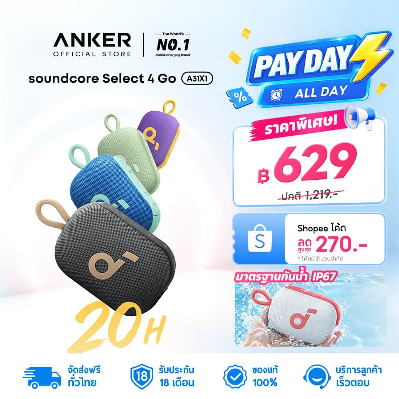 ANKER Soundcore Select 4 Go ลําโพงบลูทูธ Bluetooth Speaker ลําโพง ลําโพงบลูทูธ ลําโพงบลูทูธไร้สายIP67 Up to…
