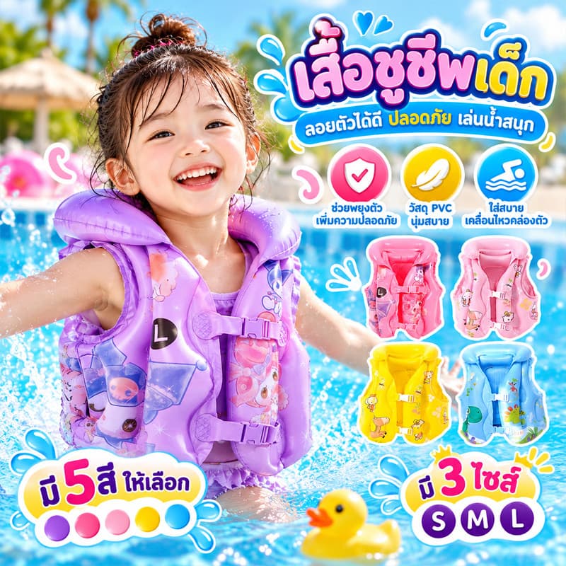 COD ชูชีพเด็ก เสื้อชูชีพเด็ก วัสดุ PVC เสื้อกั๊กชูชีพแบบเป่าลม เหมาะสําหรับเด็กน้ําหนัก รูปที่ 1