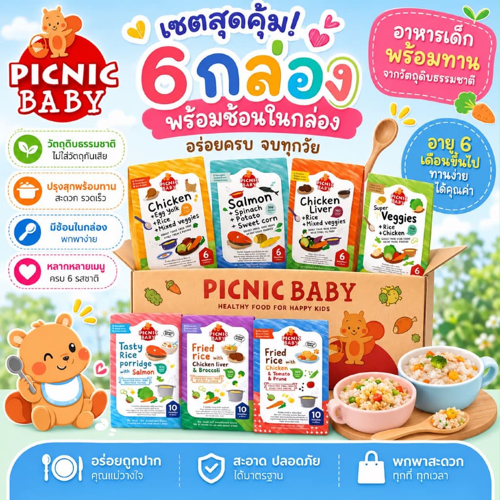 (ส่งด่วน ️ไม่มีวันหยุด) Picnic Baby 6 กล่อง ปิคนิคเบบี้ อาหารเด็กพกพา อาหารบดเด็ก อาหารพร้อมทาน…