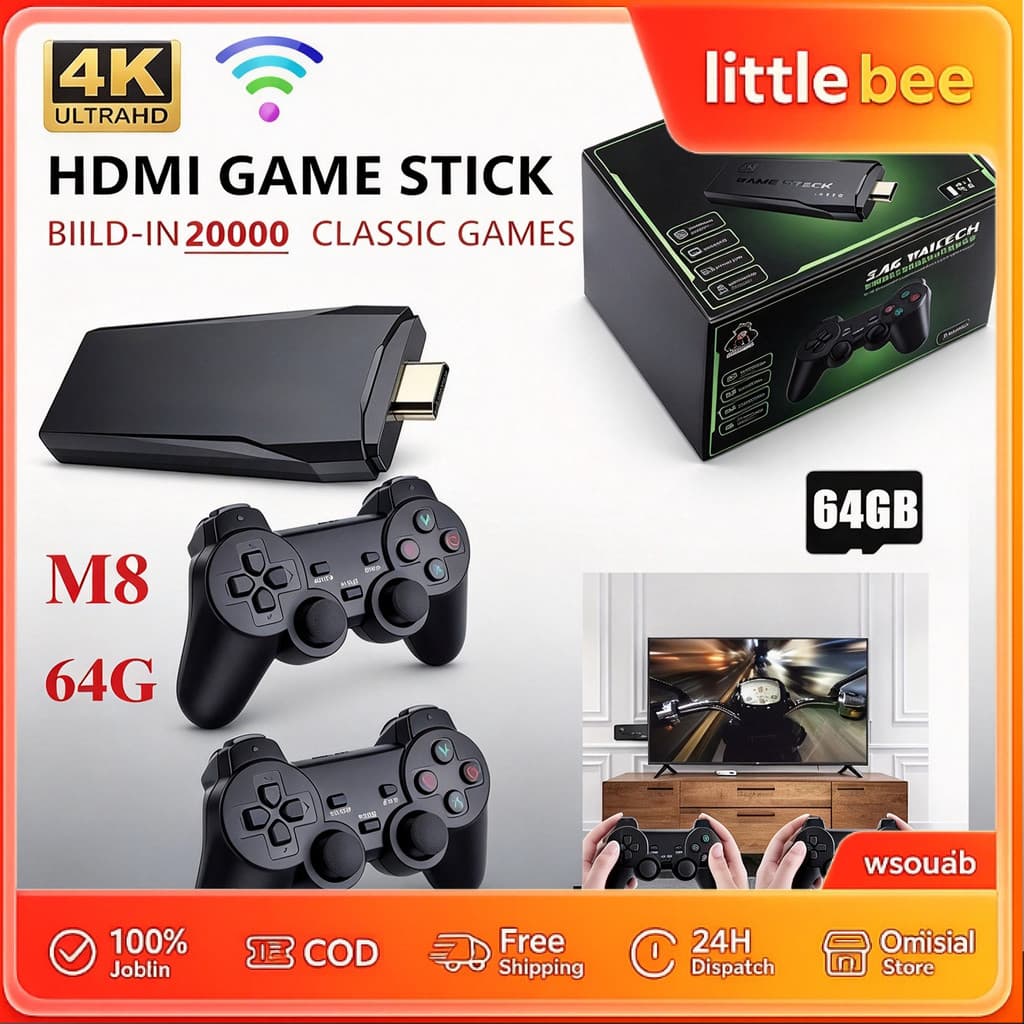 M8 Pro เกมคอนโซล 4K ความละเอียด 64GB 20000เกมคอนโซล + คอนโทรลเลอร์คู่ไร้สาย 2.4G…