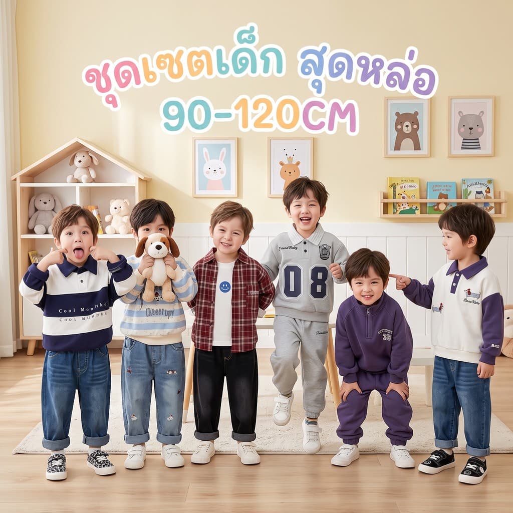 MooDeng Baby เซ็ตแขนยาว ปักลาย คอปก ลายสก็อต เซท 2 ชิ้น เสื้อแขนยาว+ กางเกงขายาว ใส่เที่ยว ชุดเซทสุดเท่