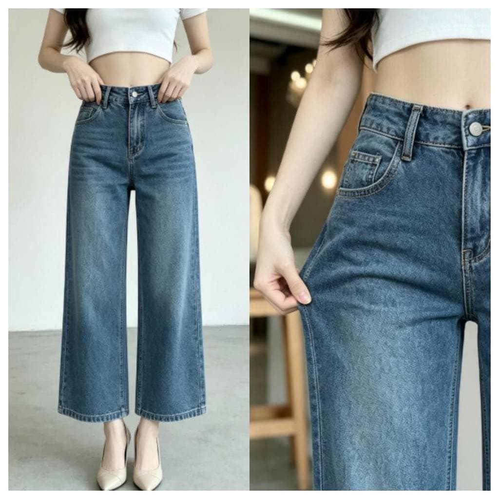 suzllrue7o สไตล์สาวหวาน กางเกงยีนส์ขาสั้น7ส่วน ทรงกว้างซ่อนขาใหญ่ คู่เสื้อครอปน่ารักสุด #6690