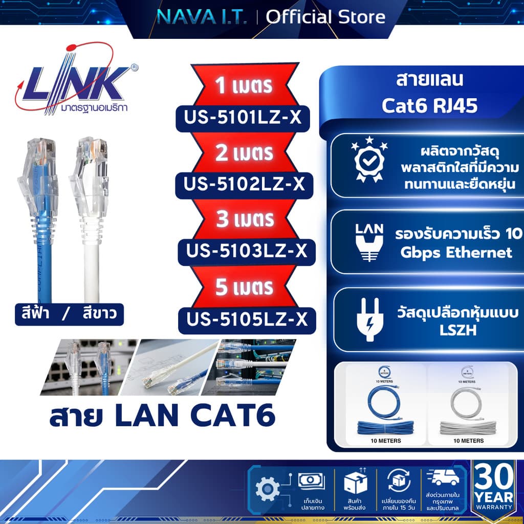 LINK US-5101LZ-X US-5102LZ-X US-5103LZ-X สีขาว/สีฟ้า มีทุกขนาด CAT6 RJ45 PATCH CORD LSZH LAN CABLE…