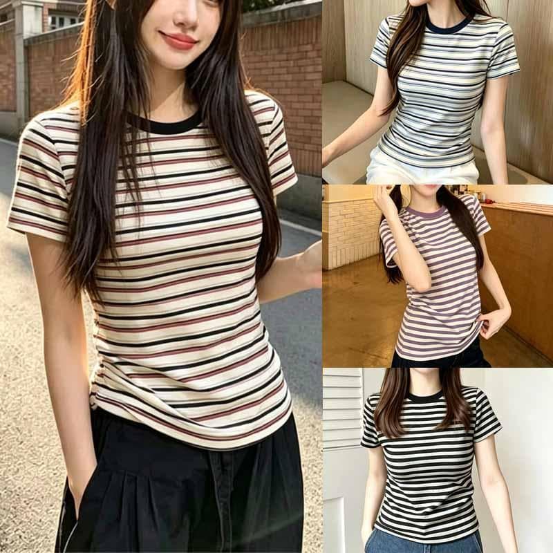 Rola เสื้อยืด สไตล์ใหม่ ปี 2026 คอกลมลายทาง เสื้อฤดูร้อน แฟชั่น และเข้ากับอะไรก็ได้ ทรงเข้ารูป ใส่สบาย
