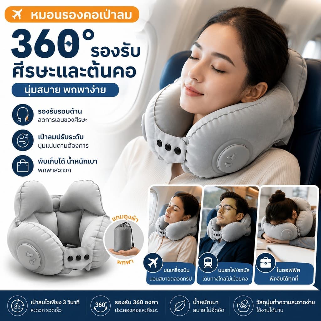 หมอนรองคอเป่าลม 360 องศา รองรับศีรษะและคอ นุ่มสบาย พกพาง่าย เหมาะสําหรับเดินทาง เครื่องบิน รถยนต์
