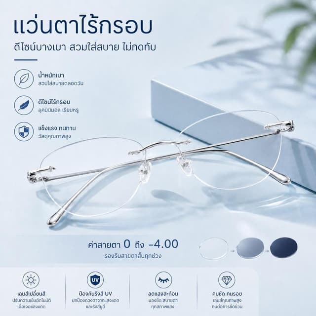 รุ่นใหม่ แว่นตาไร้กรอบ แว่นสายตาสั้น/ยาว เลนส์ออโต้ออกแดดเปลี่ยนสี กันรังสีUV99% แว่นตาแฟชั่นผู้ชาย/หญิง