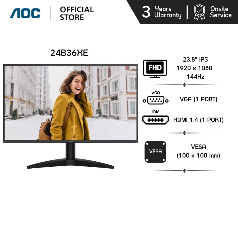 AOC 24B36XE MONITOR (จอมอนิเตอร์) 23.8" IPS FHD 144Hz 4MS