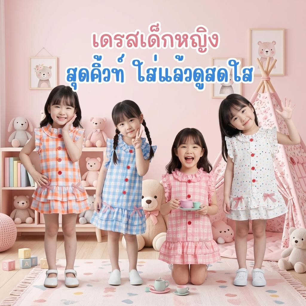MooDeng Baby เดรสเด็กน่ารัก ลุคคุณหนู สุดคิ้วท์ ล่ยสก๊อต ลายจุด สีชมพู สีส้ม สีขาว สีฟ้า เด็กหญิง ชุดกกระโปง…