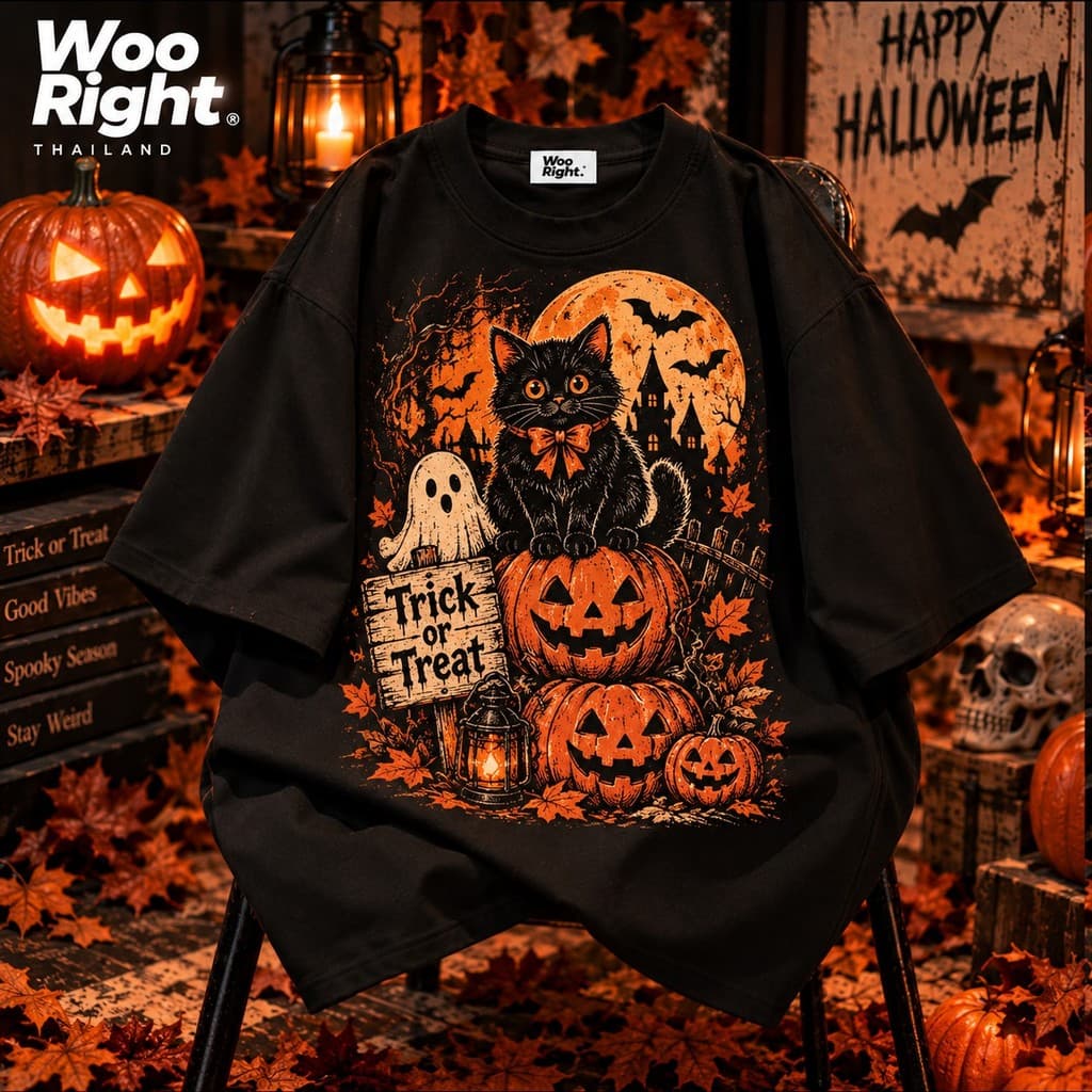 24H Woo Right เสื้อผ้าผู้ชาย เสื้อยืดพิมพ์ลาย Trick or Treat ลายการ์ตูนวินเทจ วันฮาโลวีน ปาร์ตี้สบาย ๆ
