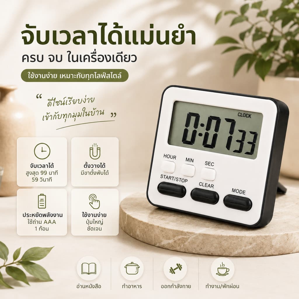 ตัวจับเวลาทําอาหาร นาฬิกาจับเวลาถอยหลัง พร้อมเสียงปลุก สําหรับครัว อบขนม เรียน - S00126
