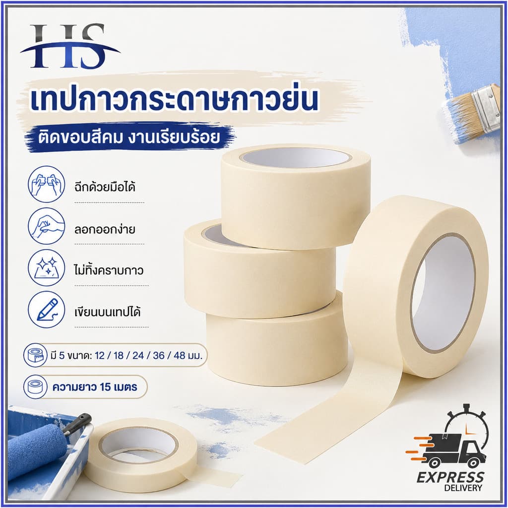 เทปย่น เทปกระดาษกาวย่น เทปหนังไก่ Masking Tape ฉีกง่าย เขียนได้ กันซึม สําหรับงานทาสี พ่นสี ขนาด…