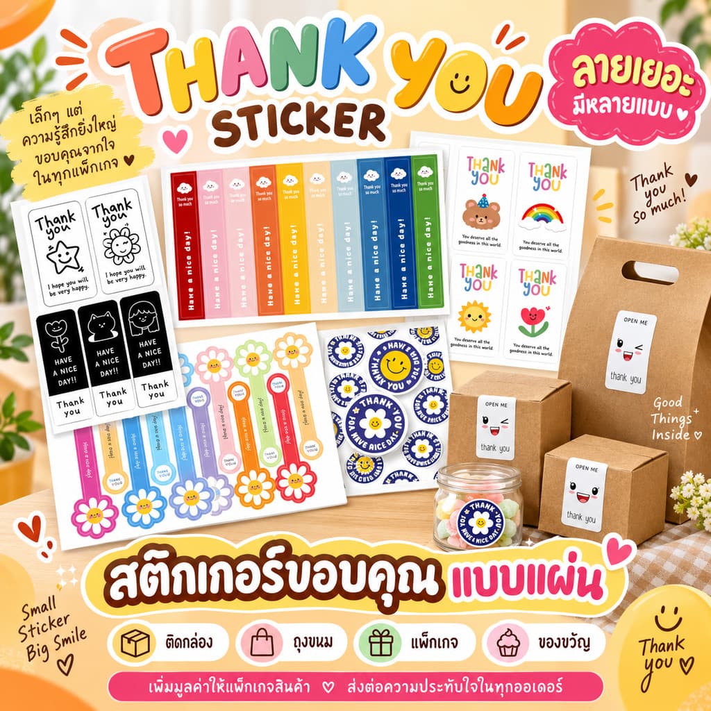 (สินค้าใหม่ ลายเยอะ) Sticker Thank You สติ๊กเกอร์ขอบคุณ สติกเกอร์แบบบแผ่น ติดกล่อง ถุงขนม…
