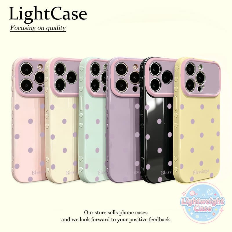 เคสโทรศัพท์ TPU นุ่ม สีพื้นผิวเงินลายจุดโพลก้า สีม่วง ดีเทลปุ่มนูนด้านข้างน่ารัก ป้องกันการตก เข้ากันได้กับ…