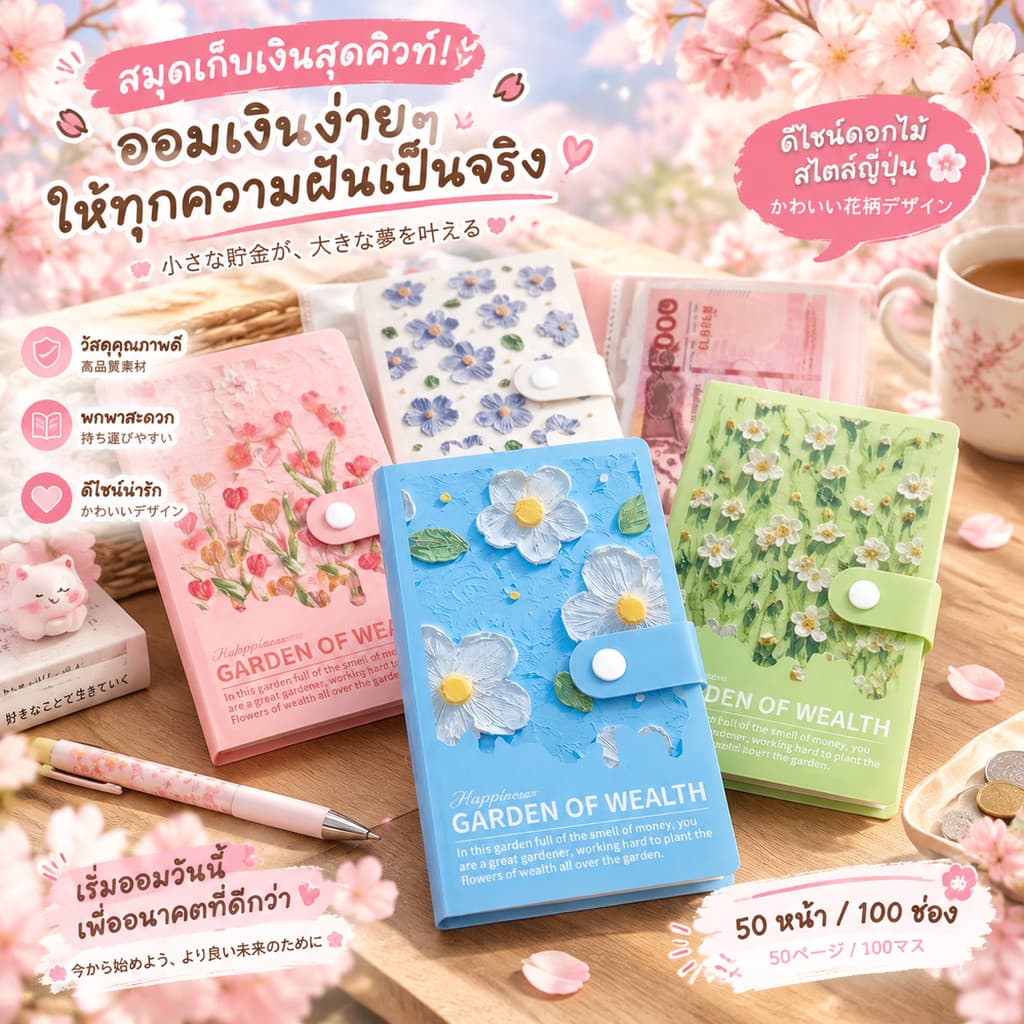 สมุดออมเงิน 100 ซอง Challenge ออมเงิน Mini Binder แฟ้มเก็บเงินสด กันน้ํา พกพาได้ ลายดอกไม้ รูปที่ 1