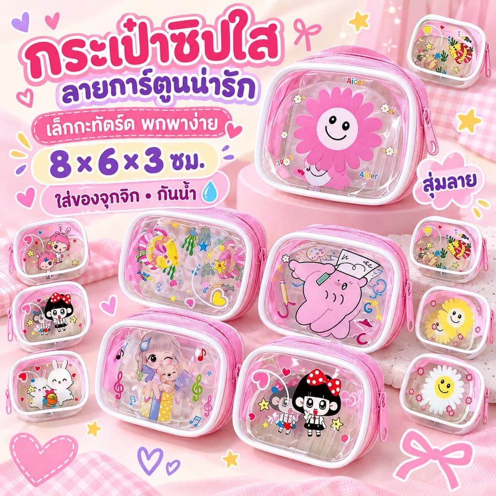 S0430 กระเป๋าซิป แบบใส ใบเล็ก ลายการ์ตูน สีหวาน กันน้ํา ใส่ของจุกจิก พกพาง่าย 8×6×3 ซม. สุ่มลาย