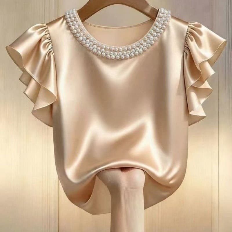 เสื้อสตรีแขนสั้นผ้าซาติน สีแชมเปญ คอประดับมุก แขนระบาย สวยหรู ใส่สบาย เหมาะกับอากาศร้อน