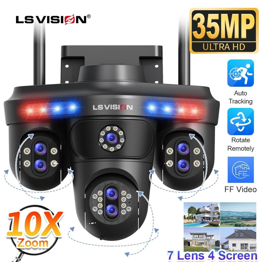 ​LS VISION 35MP 3 PTZ 360° 7 เลนส์ 10Xzoom กล้องเฝ้าระวังกันน้ํา 7 เลนส์ 4 หน้าจอ Sync IR/Color Night Vision…