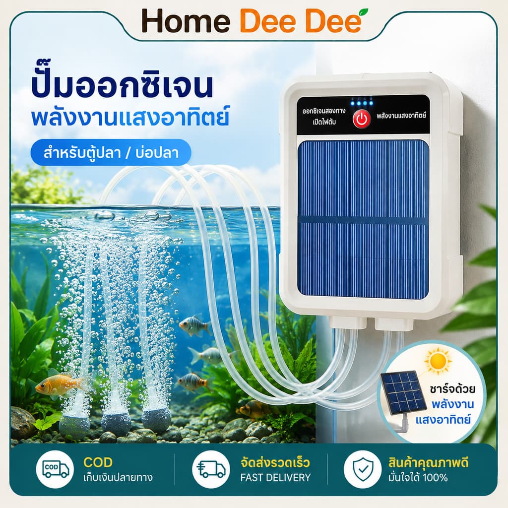 ปั๊มออกซิเจนตู้ปลา โซล่าเซลล์ พกพา ชาร์จ USB ปั๊มเติมอากาศสําหรับตู้ปลา ฟองอากาศสม่ําเสมอ ประหยัดพลังงาน