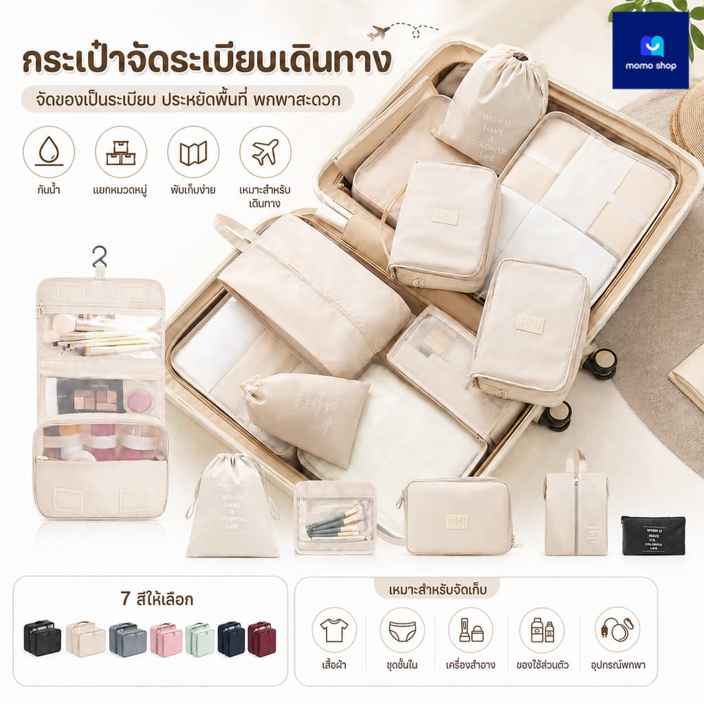 ชุดกระเป๋าจัดระเบียบเดินทาง 7 ชิ้น กันน้ํา ถุงเก็บเสื้อผ้า ซิปแข็งแรง แยกของเป็นสัดส่วน ประหยัดพื้นที่…