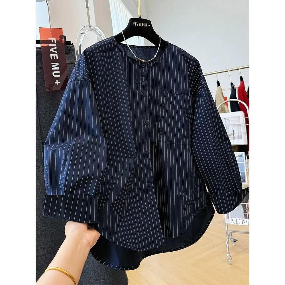 Chili Koko เสื้อเชิ้ตลายทาง แขนยาว ทรงโอเวอร์ไซส์ คอกลม สไตล์เกาหลี ทรงหลวม สีกรมท่า-w783