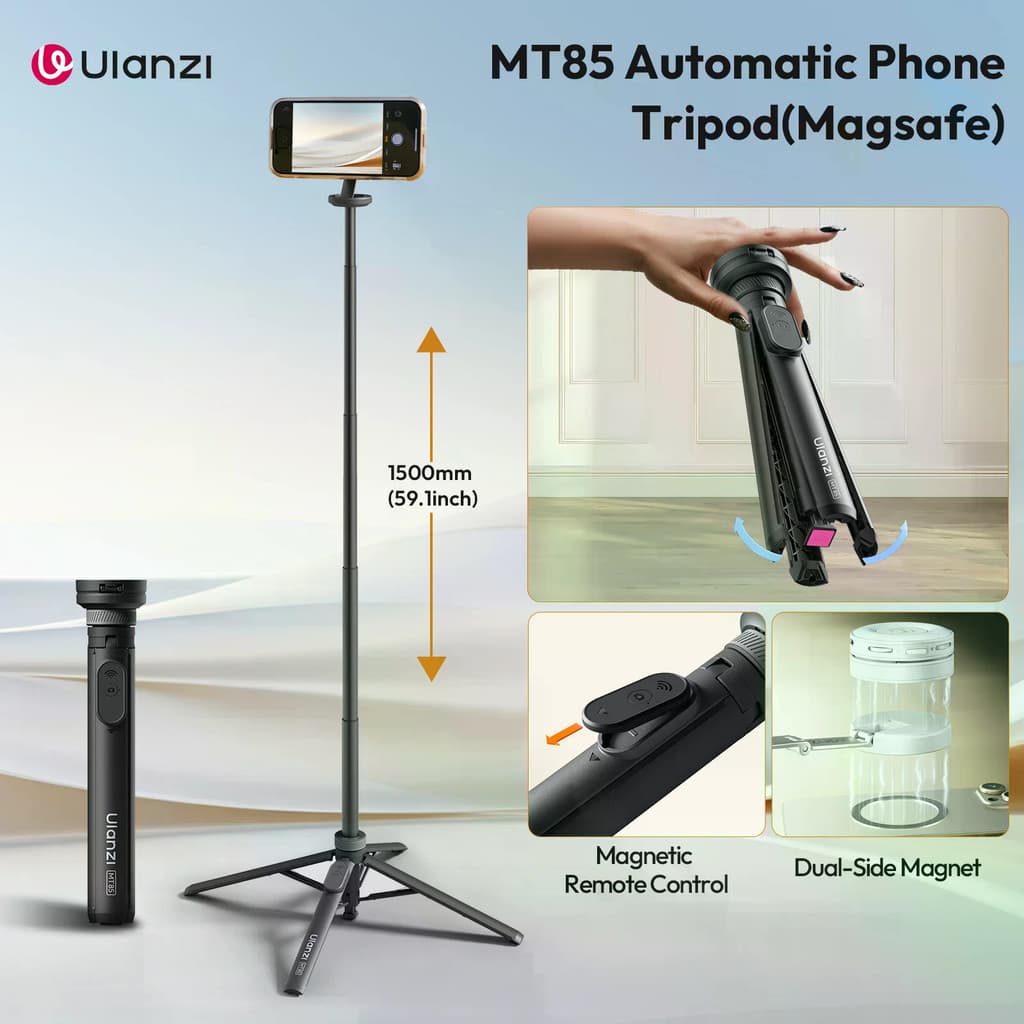 Ulanzi MT85 อัตโนมัติ Pop เปิดขาตั้งกล้องโทรศัพท์แม่เหล็ก 150 ซม. Selfie Stick Dual ด้านข้าง MagSafe Mount…