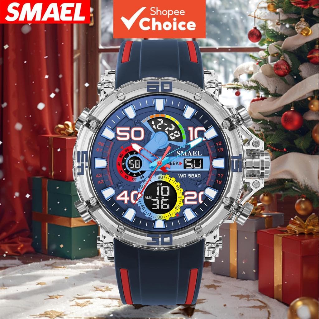 Smael Digital Mens Watch สายซิลิโคนหน้าจอขนาดใหญ่ LED Luminous กันน้ํา Dual Time Zone…