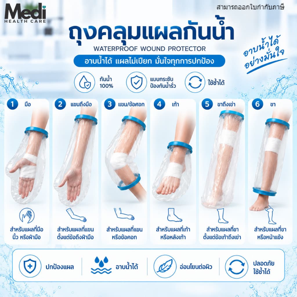 Medi ถุงคลุมแผลกันน้ํา ถุงคลุมเฝือก กันน้ํา100% อย่างดี ใช้ซ้ําได้ ป้องกันแผลติดเชื้อ ทุกส่วนของร่างกาย