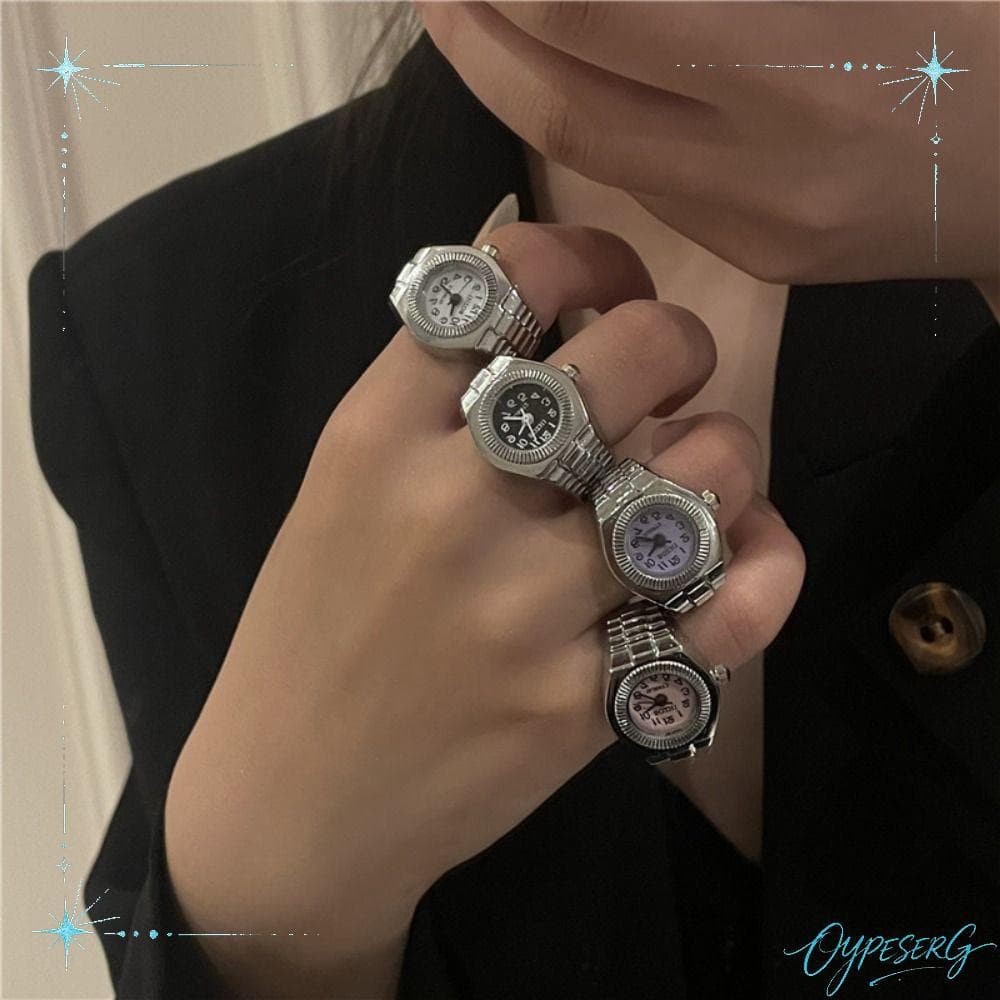 OYPESERG นาฬิกาคู่รัก, แหวนนาฬิกานิ้วขนาดเล็กโลหะผสม, สายรัดยางยืดแหวนนาฬิกาควอทซ์โรมันที่สร้างสรรค์