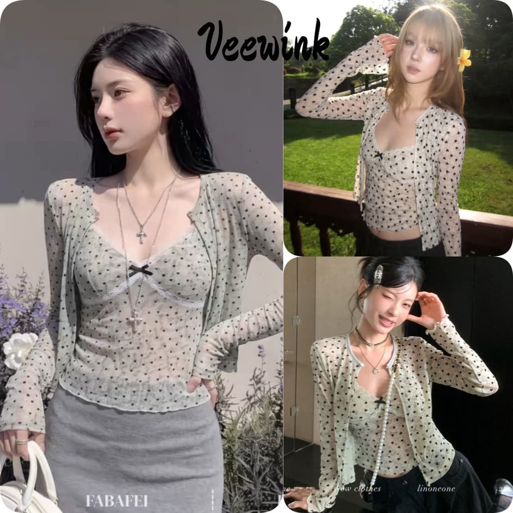 Veewink เซ็ท2ชิ้นลายจุด เสื้อกล้ามคอวีโบว์ครอป+แจ็คเก็ตลายจุดบางนุ่ม ใส่ด้วยกันหรือแยกก็ปัง
