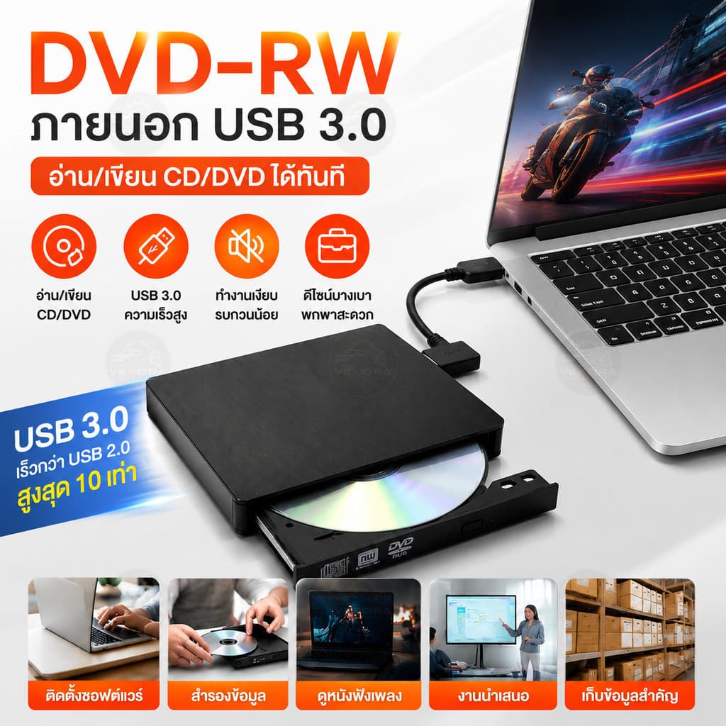 เครื่องอ่านแผ่น DVD USB3.0 DVD-RW External อ่านเขียน CD/DVD แบบพกพา ออปติคัลไดรฟ์ สีดํา สีขาว Plug & Play